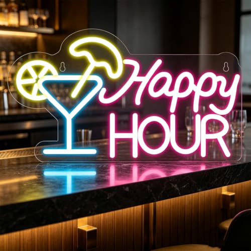 Happy Hour Neonschild, Bar-Neonlicht für Wanddekoration, dimmbares LED-Schild, USB-betrieben für Schlafzimmer, Zuhause, Männerhöhle, Bar, Hotel, Club, Pub, Party
