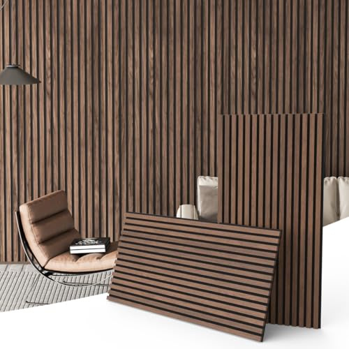 JISUO 2 Pack Acoustic Wood Panels for Wall and Ceiling, 47.2 x 23.6 Wood Slat Wall Panel for Noise Reduction, Decorative Sound Proof Paneling for Office Studio Home Theater Kitchen Island, Walnut