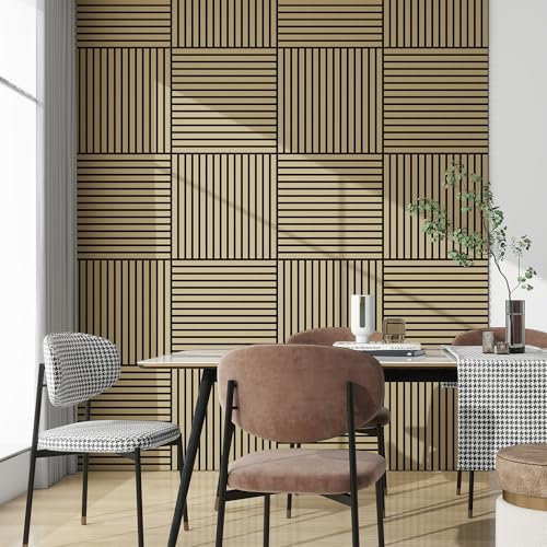 NEU.HOLZ Lot de 4 Panneaux Acoustiques Muraux et pour Plafond à Lamelles Droites Isolation Sonore Style Scandinave Installation Facile Chambre Salon Studio MDF 1,44 m² 60 x 60 cm Effet Chêne