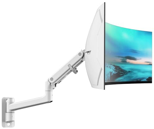 monTEK Monitor Wall Mount for 17-57“ up to 59.4 lbs Ultrawide Screens, Single Heavy-Duty Aluminum Gas Spring Monitor Arm with Full Motion Adjustment, VESA 75x75/100x100 Compatible, White