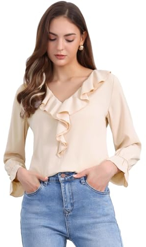 Allegra K Damen Chiffonbluse mit Rüschen, V-Ausschnitt, mit Armreif, Blau, Größe 40, hellbeige, L