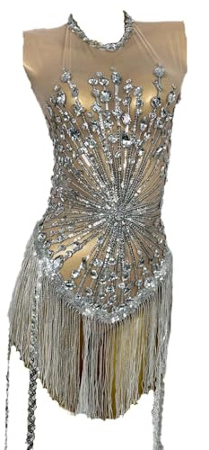 LuuMingCM Sexy Transparent Performance Dance Costume Stage Wear Club Outfit Sparkly Rhinestones Sequins Fringes Leotard for Women