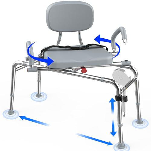 ProTraverse Sliding Shower Chair Tub Transfer Bench with 360°Swivel Seat,Anti-Slip Design,with Security Belt for Elderly and Disabled,Adjustable Height with one Touch Slide Button,Gray