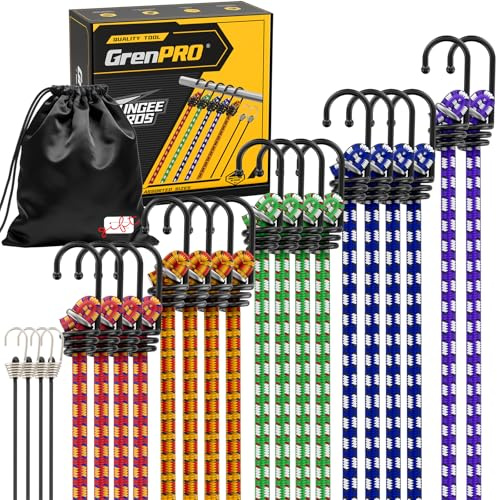 GRENPRO Premium Bungee Cords Heavy Duty - 22 pcs Bungee Cords with Hooks in A Storage Bag Includes 10, 18, 24, 30, 36, 48 Bungie Cord Bundle