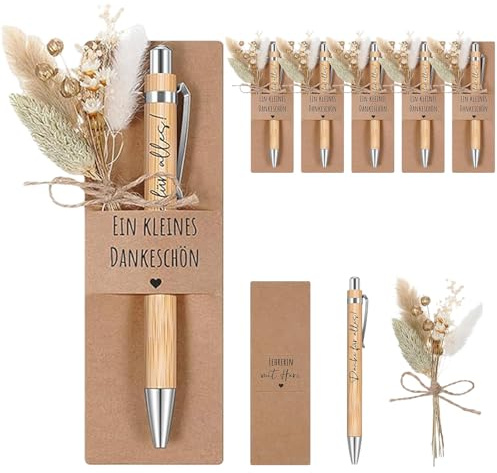 6 Sets Ein Dankeschön Geschenke Kleines - Enthalten 6 Holz Kugelschreiber mit Gravur & 6 Echtem Trockenblumenstrau & 6 Stifthalter aus Papier - für Abschiedsgeschenk Lehrerin Kollegen Erzieherin