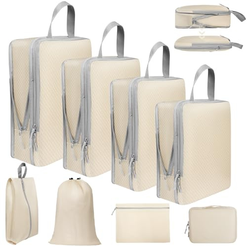 Votoko 8 delar resväskearrangör kompressionsset, resepackningskuber kompression organisationssystem för väskor och ryggsäck, packkuber bagagearrangör packväskor set för semester och resor (beige)