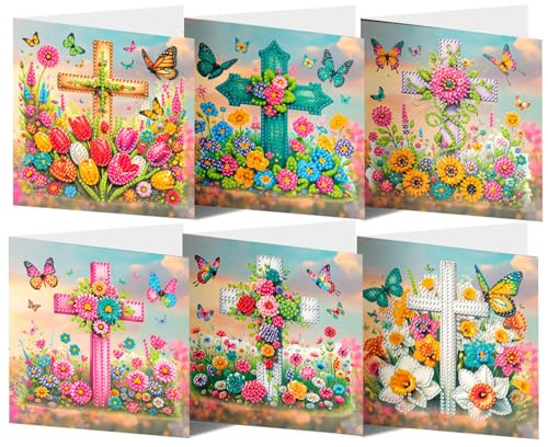 Kaezuy 6 Stuck Diamond Painting Karten Frühlings DIY Diamond Painting Grußkarten Deko Frühling Geburtstagskarten Geschenk Diamant Painting Basteln für Familie Freunde Geburtstag (Kreuzen)