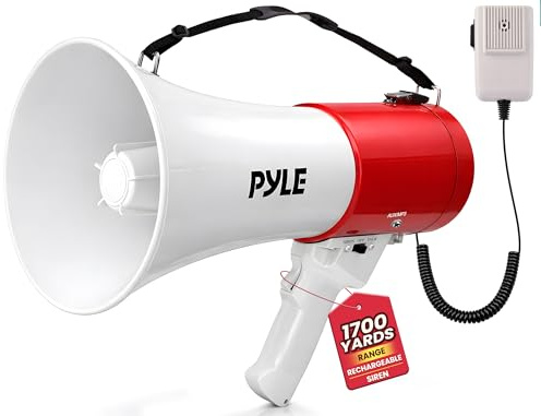 Pyle 50W Portable Megaphone Bullhorn Speaker – Alarm Siren, Adjustable Volume up to 1700 Yards, Aux Input, USB/TF Playback, Lightweight, for Indoor & Outdoor Activities, Sports & Emergency Drills– Red