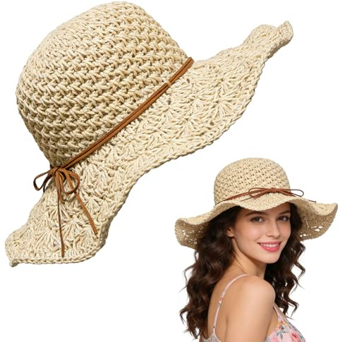 Sombrero de Paja Mujer, Sombrero Mujer Verano, Sombreros Playa Mujers, Sombreros Verano Mujers, Accesorios de Verano para Playa, Vacaciones, Viajes y Actividades al Aire Libre (B-Beige)
