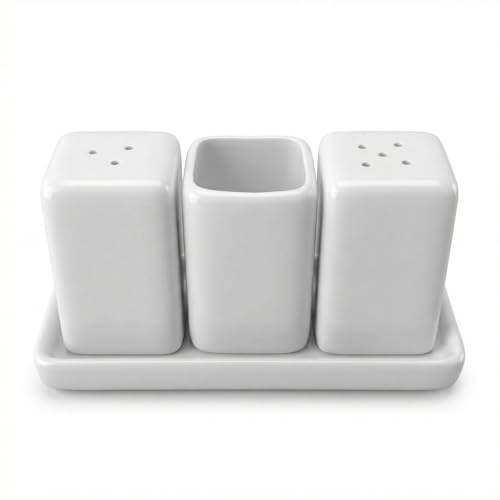 Keramiskt salt- och pepparströarset med bricka, kryddströare, kökstillbehör med tandpetarhållare, kryddbehållare med tandpetardispenser för kök och matbord, påfyllningsbar, modern design (vit)