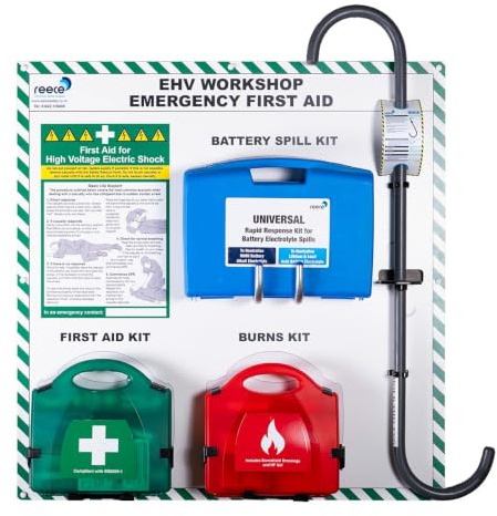 Electric & Hybrid Vehicle Emergency First Aid Station with 1kV Rescue Hook, First Aid Kit, Burns Kit, HF Gel & Battery Spill Kit for EV Workshops