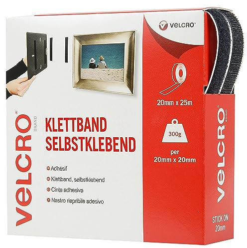 VELCRO – Stick on tape 20 mm x 25 meter svart – kardborrband för fastsättning av fästning och fjädring (BxL) 20 mm x 25 meter svart