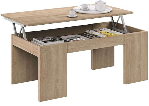 Habitdesign - Mesa de Centro Elevable Kendra, Mesita Auxiliar de Salón o Comedor con Almacenaje Interior, Roble Canadian, Medidas: 100x50x45-56 cm