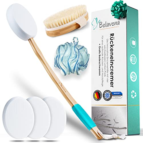 BELAVENA© Eincremehilfe für Rücken | Verbessertes Konzept 2025 - Optimale Rückenpflege mit Rückeneincremer / Rückenbürste inkl. 4 austauschbaren Pads – Rückencremer / Rückeneincremehilfe