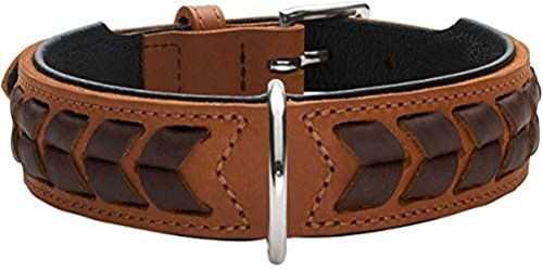HUNTER EL Paso Hundehalsband mit robustem, geschmeidigem Rindsleder, handgeflochten Farbe Cognac/schwarz, Größe M-L