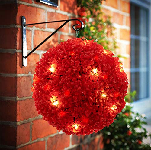 BW Beddingwares 20 LED Solar Powered - Topiary Ball 2 Functions Hanging Garden, Boxwood Light Ornament Auto ON/OFF Static & Flashing (Red, 2 x Topiary Balls)