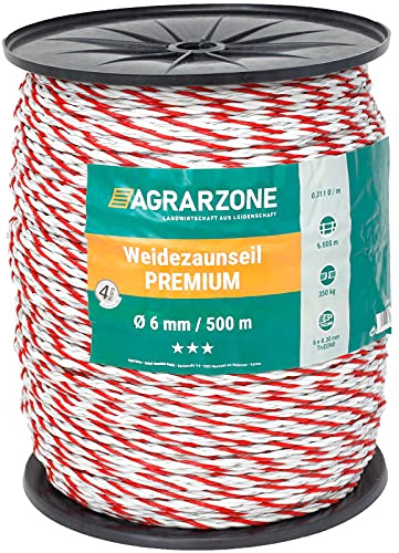 Agrarzone Weidezaunseil Premium 500m, Ø 6mm, weiß-rot | 6x0,30 TriCOND-Leiter für exzellente Leitfähigkeit am Elektrozaun & Weidezaun | Stabiles Zaunseil für Schaf-, Rinder- & Pferdezaun