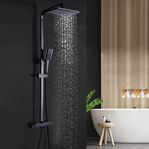 Duschsystem mit Thermostat Regendusche, Duscharmatur Duschset mit Handbrause Höhenverstellbarer Duschstange Regenbrause für Bad