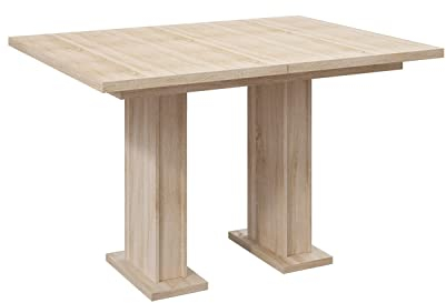 MEBLINI Esstisch Ausziehbar - Esszimmertisch Modern - Küchentisch - Ausziehtisch - Säulentisch - Ausziehbarer Tisch - Dining Table - Esszimmertische - 120-160x80x76cm - Gloss - Sonoma Eiche