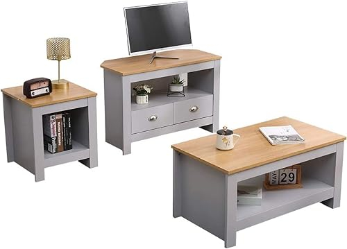 Kingwudo® Living Room 3 Pieces Set Furniture (Lamp Table and Coffee Table and Corner TV Unit) Modern Cabinets Set Grey+OakColor or White+Oak Color (Grey+Oak Color)