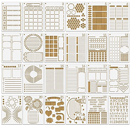 MWOOT 24 stycken Journal Painting Stencil Drawing Templates, blandade tidskrifter skala mallmålning set, ritning mallar för gör-det-själv målning korttillverkning scrapbooking dekoration (17,8 x 12,7