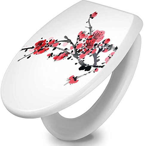 banjado Toilettendeckel mit Absenkautomatik 44,5x37cm / WC Brille Soft Close/hygienischer Toilettendeckel/Klodeckel Duroplast Edelstahl Scharniere einfache Montage/Motiv Japanische Blüten 2