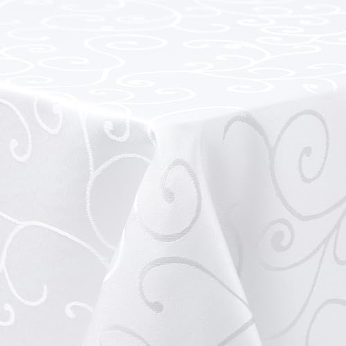 Homaxy Tischdecke Abwaschbar Jacquard Rechteckig 140x180cm, Weiß | Damast Design, Schmutzabweisend, Dick & Langlebig, Pflegeleicht Maschinenwaschbar, Für Küche Party Garten