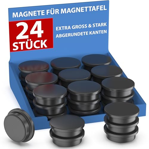 REORDA Magnete für Magnettafel stark - 24x für Whiteboard, Pinnwand, als Kühlschrank Magnete & Tafelmagnete stark haftend, Magnete rund - Schwarz