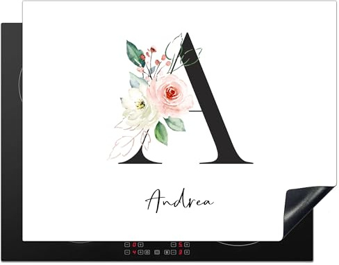 KitchenYeah© Herdabdeckplatte Personalisiert Einteilig Ceranfeld | 51L x 59B cm - Abdeckplatte Küche Deko Ceranfeldabdeckung Anti Rutsch Matte Aufrollbar Schreiben - Name - Blumen - Weiß