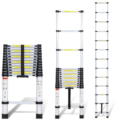 Randaco 3.8M Aluminium Teleskopleiter, Ausziehbare Leiter, Rutschfester Aluleiter Stehleiter Mehrzweckleiter Ausziehbar Aluminiumleiter, Teleskop Ausziehleiter 150 kg Belastbarkeit