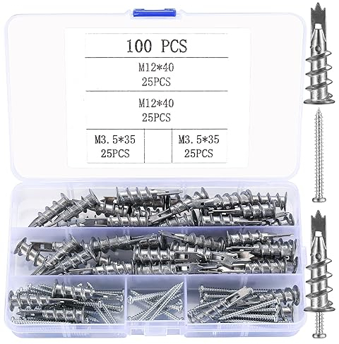 SZSLMY 100 Pcs Plasterboard Fixings, Wall Plugs with Screws, Heavy Duty Self Drilling Raw and Cavity Fixing Screws Drywall Anchors, Self-Dry