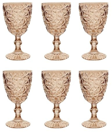Lot de 6 Verres Vintage à Vin, Champagne et Boisson - Gaufrage en Cristal de Glace/Jaune (300 ml) - Pour Mariage, Dessert avec Carafe