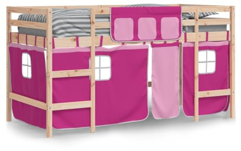 vidaXL Kinderhochbett, Hochbett mit Leiter Vorhängen, Spielbett Bett für Kinder ab 6 Jahren, Kinderbett Etagenbett Stockbett, Rosa 90x200cm Massivholz Kiefer