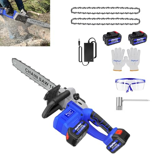 Tronçonneuse Électrique Sans Fil de 16 Pouces avec Moteur Brushless, Scie Électrique Puissante avec Système d'Huile Automatique, Tronçonneuse à Batterie pour Jardin avec 2*4000mAh Batteries+2 Chaînes