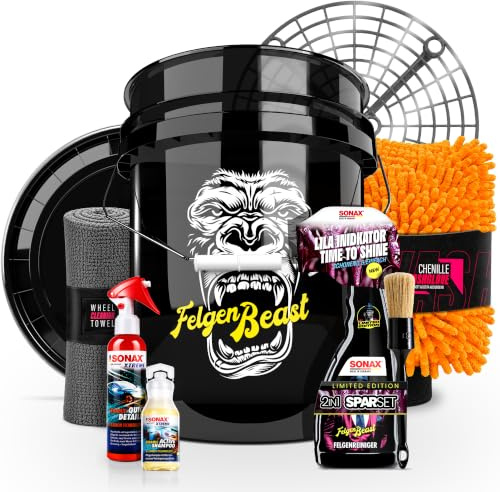 Felgenreiniger Set | Sonax Felgenbeast 500ml + Auto Wascheimer 20l mit Sieb und Deckel + Waschhandschuh + Pinsel + Ceramic Quick Detailer + Ceramic Shampoo + Mikrofasertuch