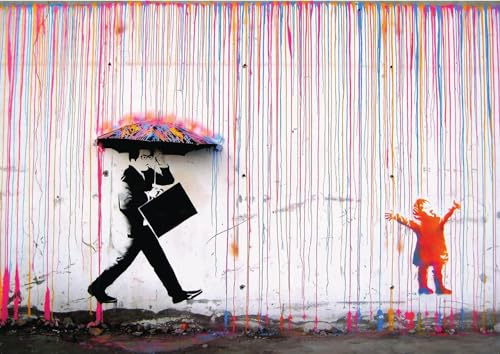 Lineo® Poster Kind im Regen Banksy Kunstdruck Wall-Art 60 x 42 cm Art Modern Bild Street Art Graffiti Wandposter Loft Wohnzimmer (Colored Rain)