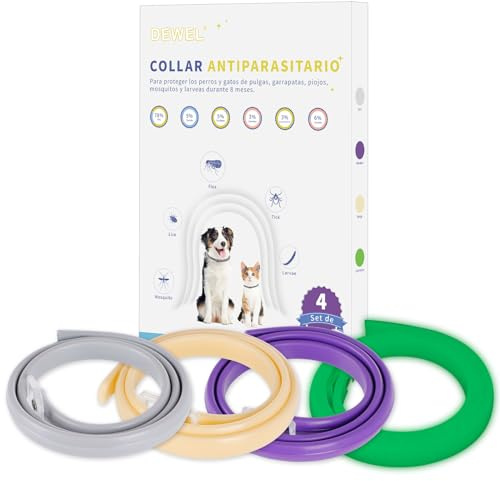 DEWEL Collares Antiparasitarios, Collares contra Pulgas y Garrapatas para Perros y Gatos, Collares Antipulgas Ajustable para Mascotas (4 Colores, L-63.5 cm)