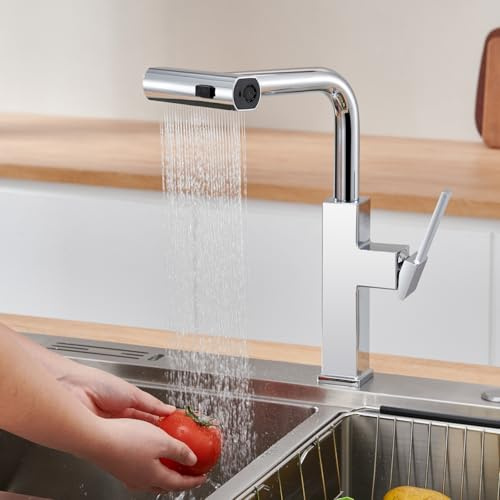 Rubinetto Cucina con Doccetta Estraibile con 3 Rociadores, Miscelatore Cucina Girevole a 360° in Acciaio Inox Spazzolato, Miscelatore da Cucina Altezza Bocca 265mm (Cromo)