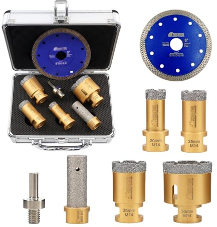 SHDIATOOL Forets Diamantés Kit - 7pcs(20/25/35/50mm Forets/20mm mèches pour doigts/125mm Disque de coupe/Adaptateur de queue HEX) pour Carreaux de Porcelaine, Céramique, Granit et Marbre