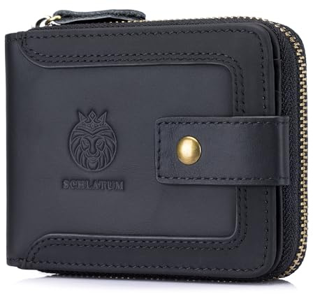 SCHLATUM plånbok med dragkedja i äkta läder för män RFID-blockering stor kapacitet klassisk plånbok med myntficka ID-fönster, Svart, 4.7 H x 3.5 L x 1.1 W, Vintage och klassisk
