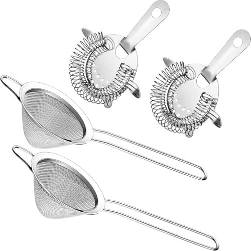 Gulfmew 4 Pieces Fine Mesh Strainer with Handle Cocktail Strainer Stainless Steel Conical Food Silver Stainless Steel Bartender Colander Filter for Home Kitchen Bar Accessories