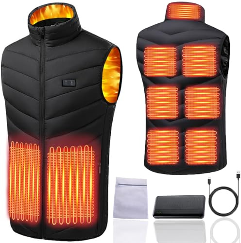 Ahigh Gilet Chauffant, Veste Chauffante Homme Femme avec Batterie Incluse de 10000mah, Gilet Chauffant Electrique avec 9 Zones 3 Modes de Doudoune Chauffante pour Ski Moto Chasse Randonnée la pêche