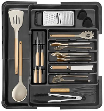 HahaGo Besteckkasten für Schubladen, Erweiterbarer Besteckeinsatz für Schubladen mit Vier Seiten, Verstellbarer Besteckhalter, Schubladeneinsatz Besteckeinsatz mit 2 Messerhaltern, Schwarz