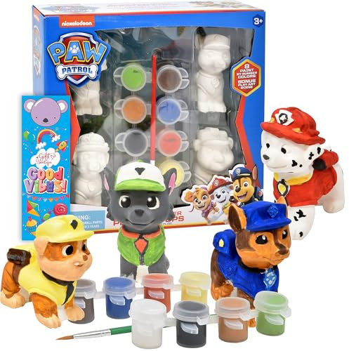 Paw Patrol Malen Sie Ihre eigenen Figuren, bemalbares Kunst-Bastelset für Kinder, enthält dekorierende Pfotenfiguren, Marshall Rubble Chase und Rocky, 8 Farbtöpfe, Pinsel und Lesezeichen
