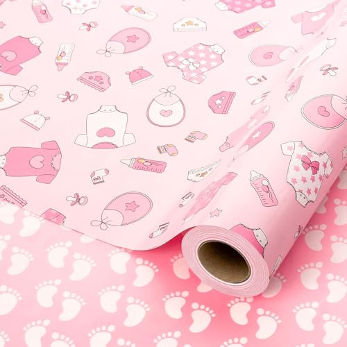Wikadlik Rotolo di carta da regalo rosa, 43 cm x 10 m, adorabile design a bottiglia, per feste di compleanno, decorazione per doccia