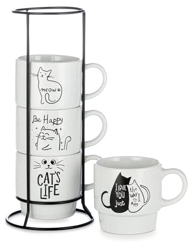 Signature Housewares Cat's Life - Juego de 4 tazas de café apilables, 15 onzas, con soporte de metal, esmalte blanco con diseños de gatos