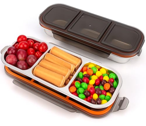 Musiwanna 2 Stück Edelstahl Snackbox mit 3 Fächern, Auslaufsicher Snack Storage Box to Go mit Deckel 600ml, Snackdose mit Fächern, Stainless Steel Klein Metall Lunch Box für Nüsse Keksen Gemüse Obst