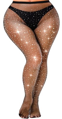 lmotpe 3XL 4XL Plus Size Black Fishnet Stockings For Women Sparkly Tights Rhinestone Fishnets Party Concert Stockings