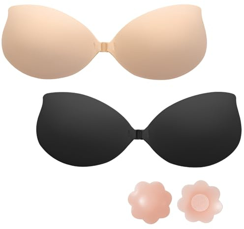 HESUSLA Push Up Bra for Women,2 Pack Invisible Adhesive Strapless Backless Bra,Skin Friendly Sticky Silicone Padded for Everyday Wearing,Party,Wedding,Nipplecovers (UK, Cup & Band, B, Beige+Black)