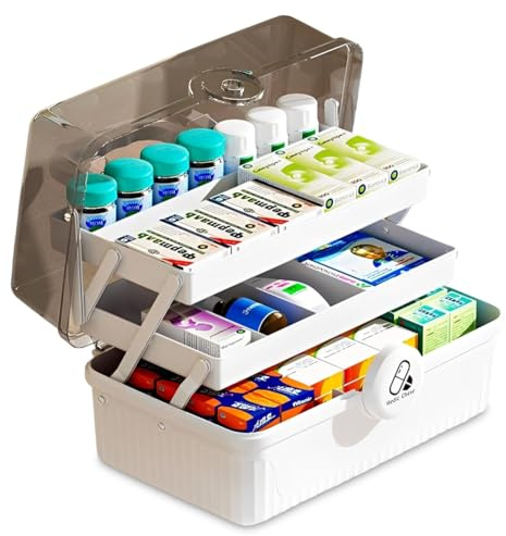 MIUUIPI Hausapotheke Box mit Tragegriff, 3-Regal Große Medikamentenbox, Erste Hilfe Koffer, Multifunktions Aufbewahrungsbox, Nähkästchen, Kosmetik Aufbewahrungsbox 34 x 21.5 x 19cm